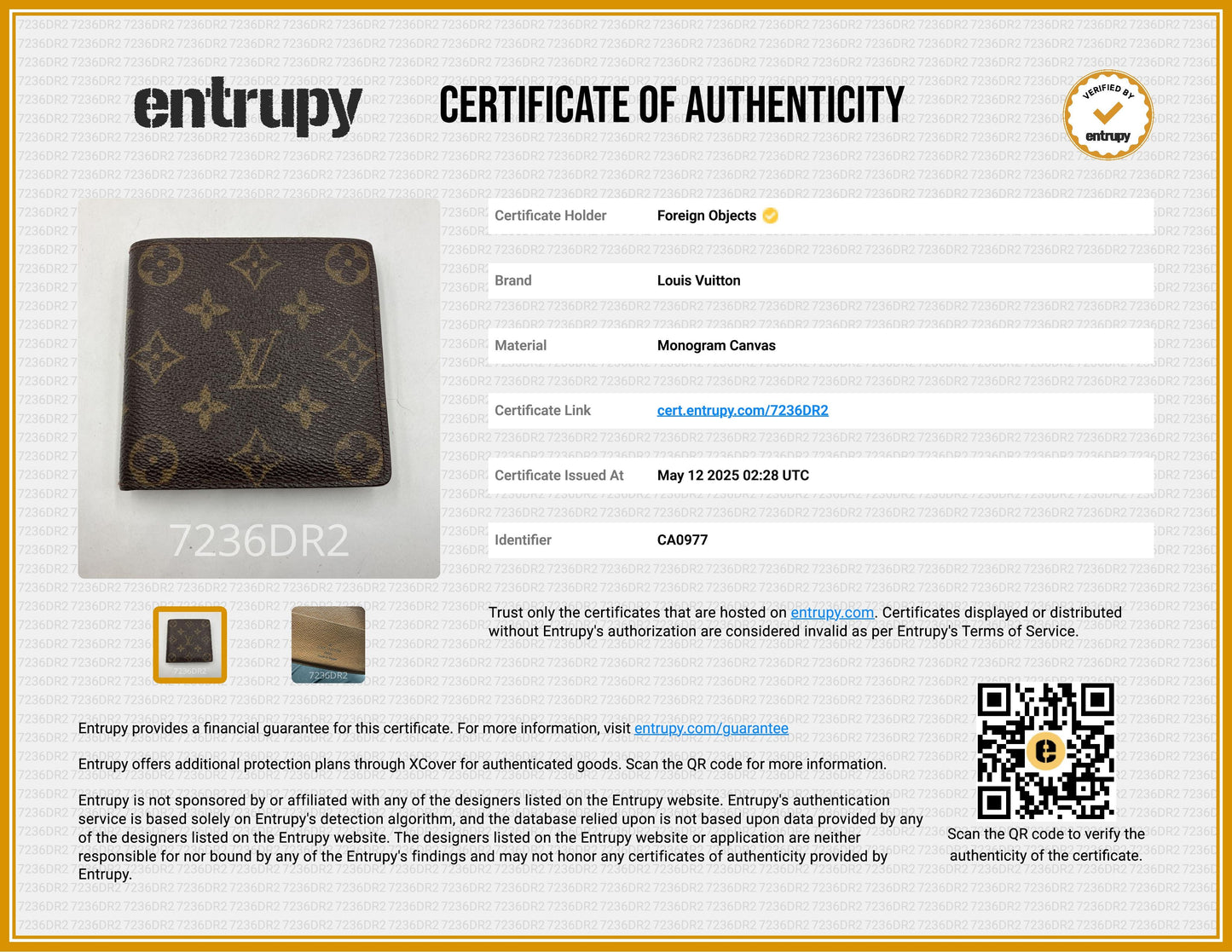 Louis Vuitton Monogram Canvas Marco Wallet Brown CA0977