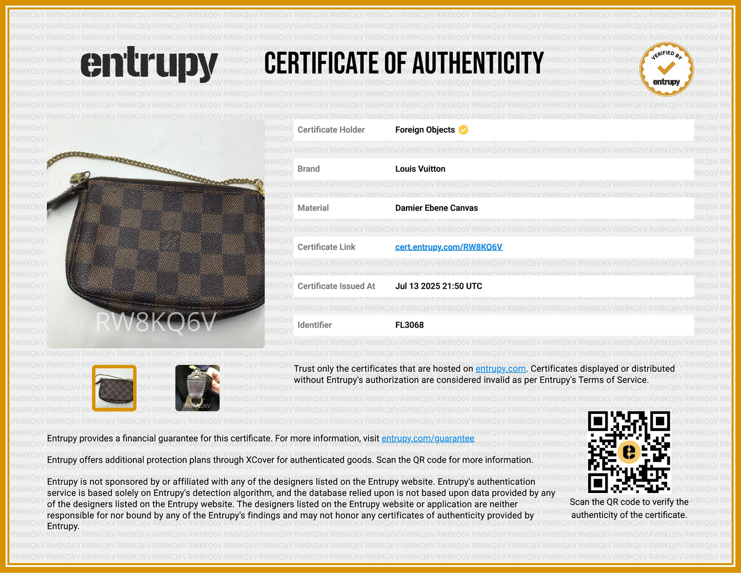 Louis Vuitton Damier Ebene Canvas Mini Pochette Accessories FL3068